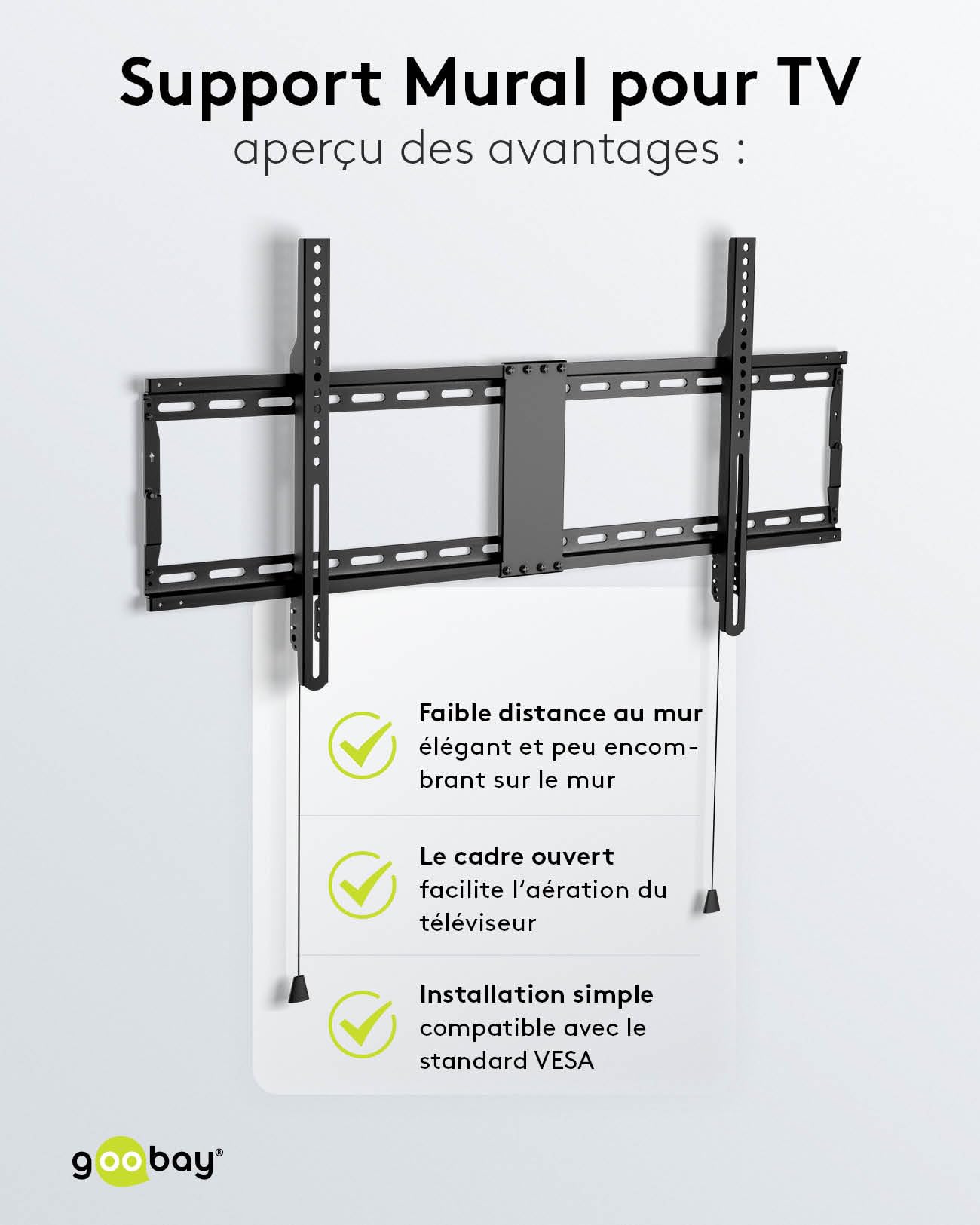 goobay Support TV Mural Fixe 43-100 Pouces Ultra-Plat 29 mm VESA 600x400 Jusqu'à 70 kg - Basic FIXED XL - 49742