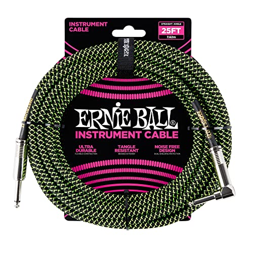 Image of Ernie Ball Braided Instrument Cable, Straight /Angle, 25ft, Neon Green /Black (P06066)