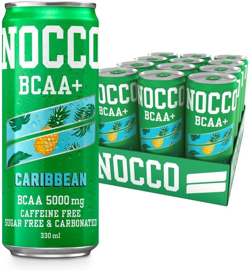 NOCCO Sugar Free Energy Drink โ BCAA, Enriched with Amino Acids & Vitamins, Ideal for Pre Workout โ 12 x 330ml (Caribbean BCAA+)