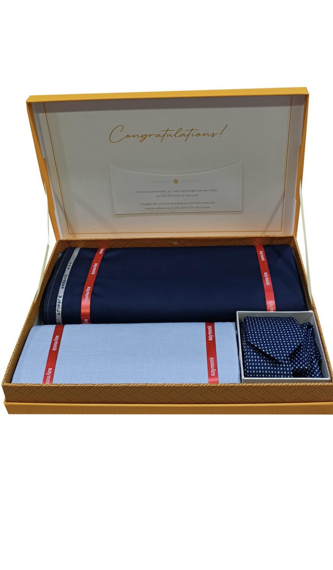 Raymond Men's Unstitched 3.25 Meters Suit Fabric Set With Tie, Pocket Square and 100% COTTON Shirt Piece (All Weather, Attractive Box, Premium)