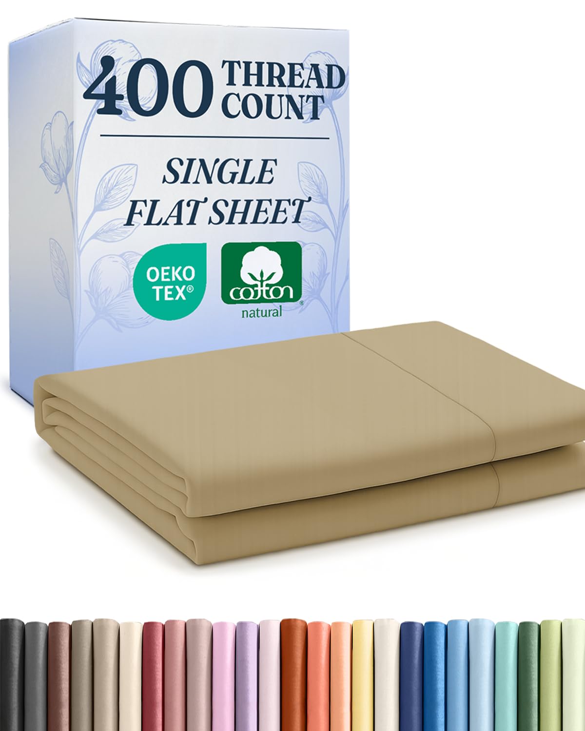 full 400 thread count 100% cotton flat sheet - comfortable, cooling & breathable cotton - top flat sheet only - luxury hotel quality bedding - extra soft and comfy - easy care, wrinkle free - beige