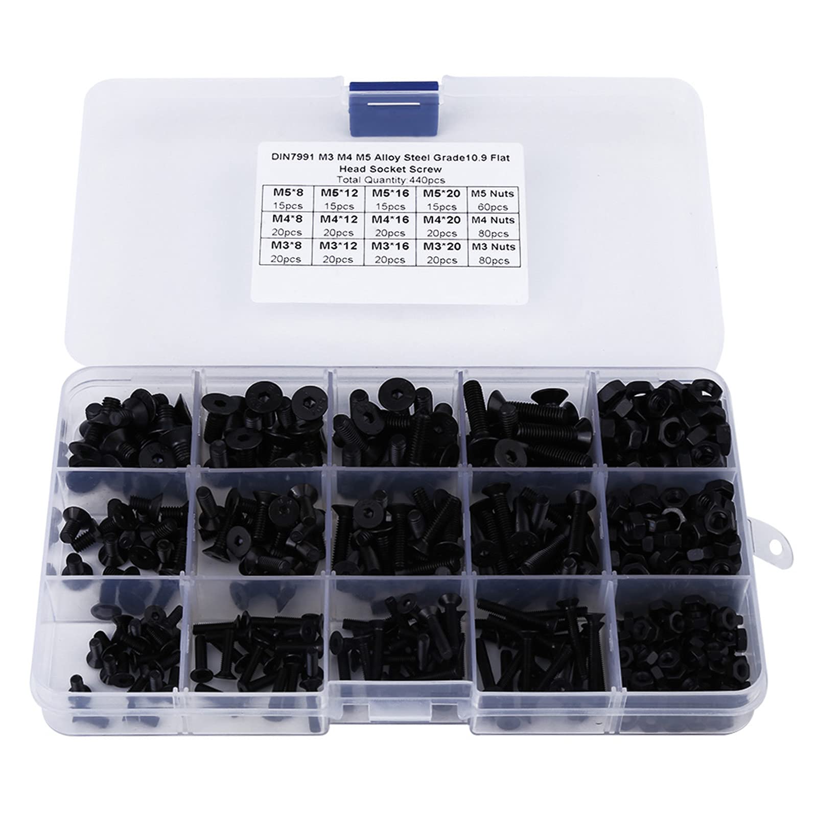 Juego de tornillos y tuercas de cabeza plana M3, M4, M5, de aleación de acero, 440 unidades, con caja de plástico, color negro