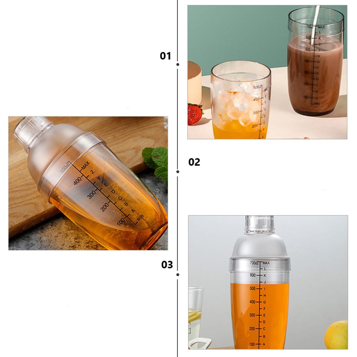BESPORTBLE Shaker à Cocktail en Plastique 5 Pièces avec Graduation, Couvercle Étanche, Capacité 350-1000 Ml, Mélangeur Professionnel pour Bar et Maison, Ustensile Cocktail Pratique