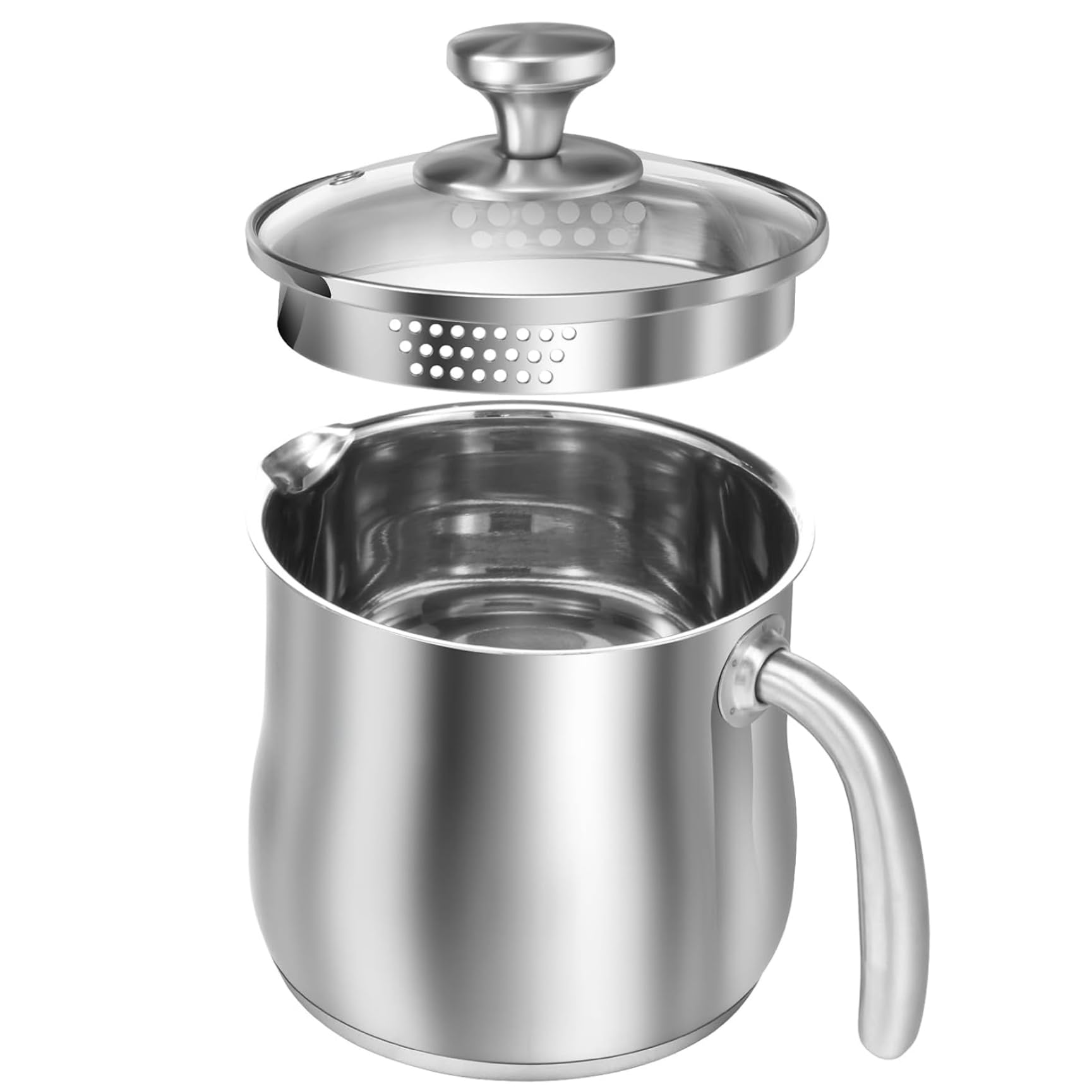 Edelstahl-Kochtopf, 2 l, Milchtopf zum Kochen von Milch, Soße, Soßen, Nudeln, Nudeln, mit Ausgießer, Glasdeckelgriff