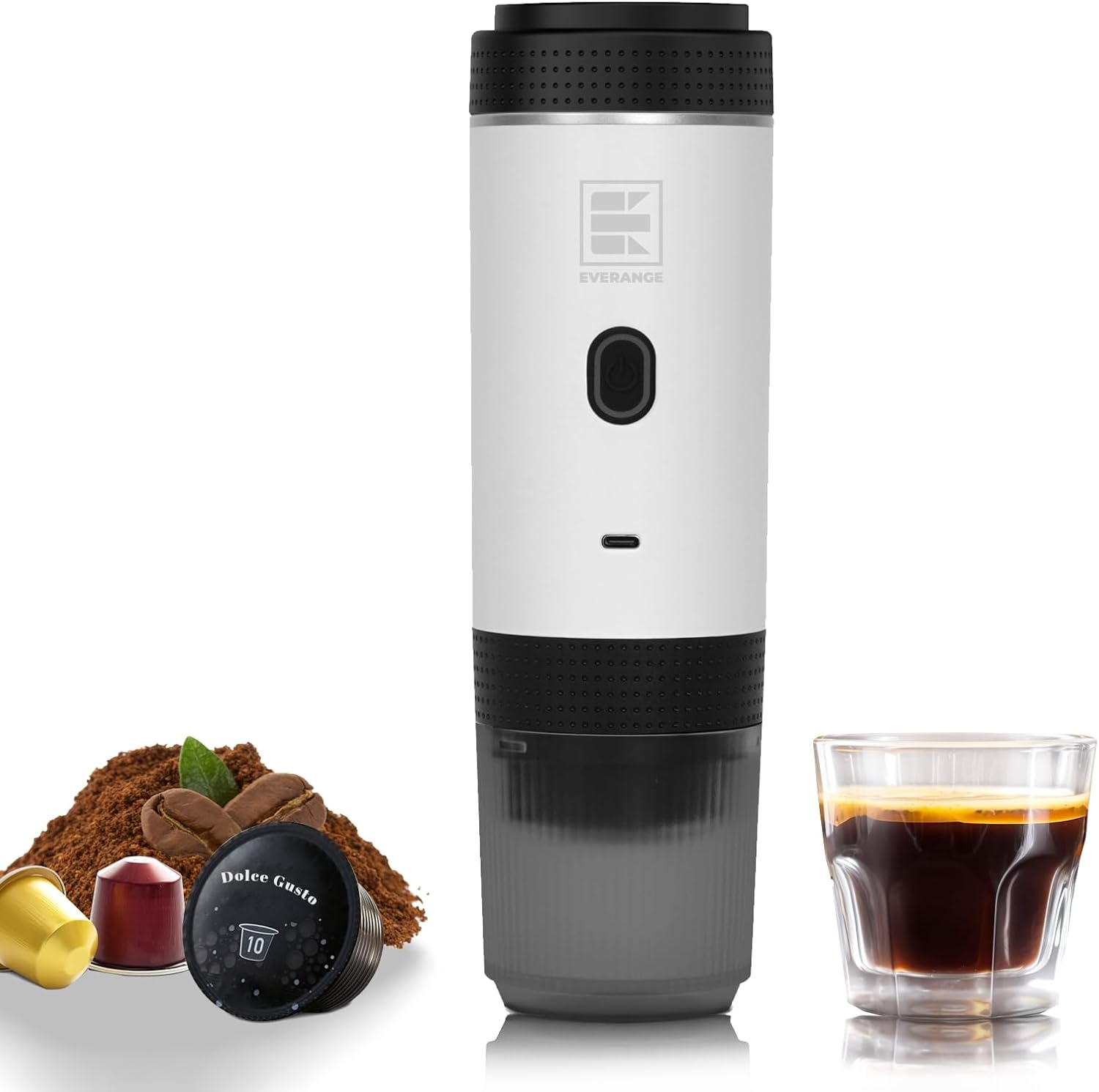 Portable Electric Espresso Machine, Car Coffee Maker for Travel Camping, Battery Powered Coffee Brewer Compatible with Ground Coffee & NS Capsules, White