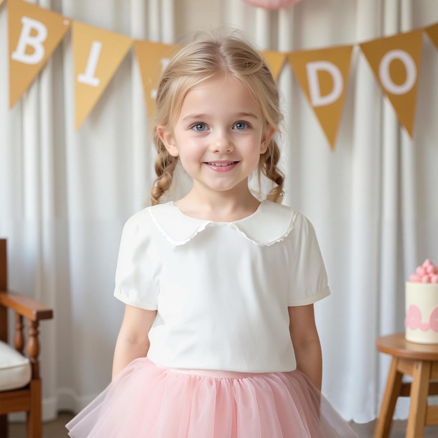 MODNTOGA Kids Baby Girl Long Sleeve Collar Shirt Toddler White Blouse Puff Short Sleeve T-Shirt Solid Color Basic Top Bottom - Image 4