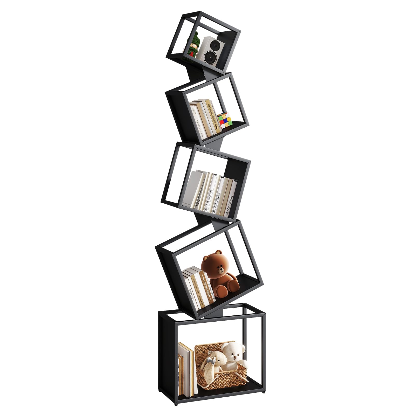 YMYNY Bibliothèque en Cube, Étagère Haute en Métal sur 5 Niveaux, 180 cm, Étagère Rangement, Meuble de Rangement Ouvert, Matte, Design Géométrique, pour Salon, Chambre, Bureau, Noir HBC007B
