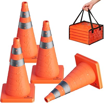 4 Pack 18 Inch Collapsible Traffic Safety Cones, Orange Pop Up Cones with Reflective Collar, Multi Purpose Road Cones for Road Safety, Parking Lot, Driving and Sport Training