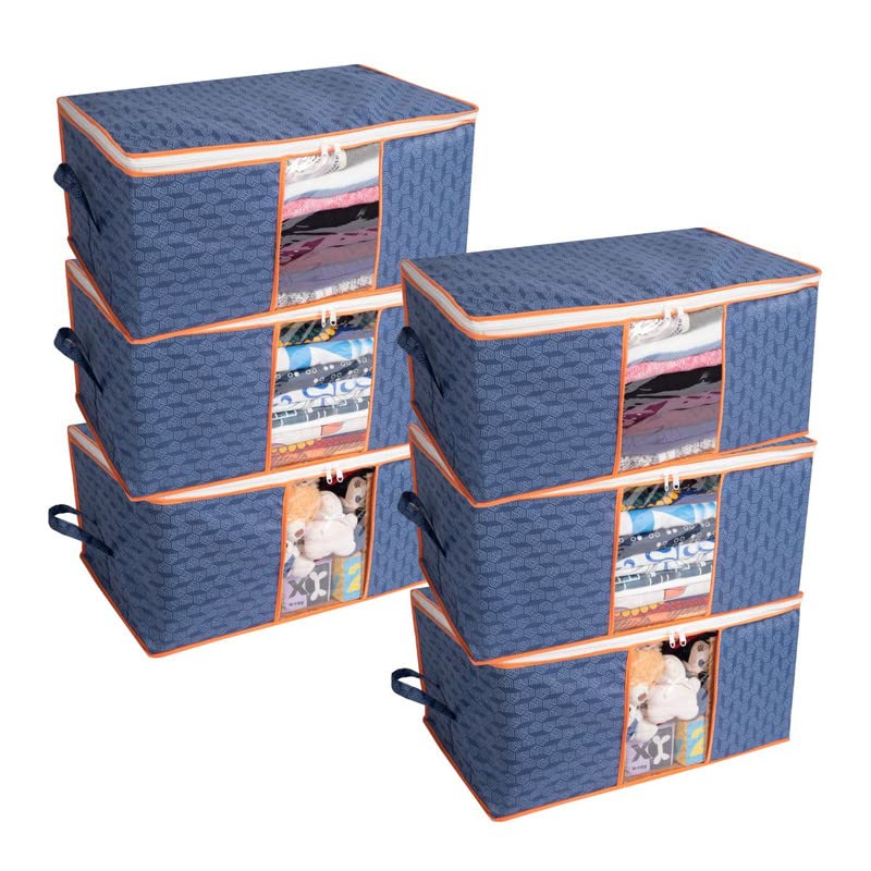 Homestrap Printed Underbed Storage Bag | Blanket Cover | Organizer (Navy Blue with orange Border | Pack of 6)-image-34