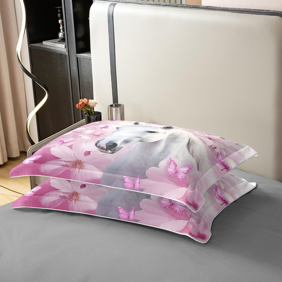 Loussiesd Juego de ropa de cama de 100% algodón, 155 x 220 cm, diseño de mariposas, juego de funda nórdica con estampado de caballos, juego de ropa de cama de princesa con diseño de animales
