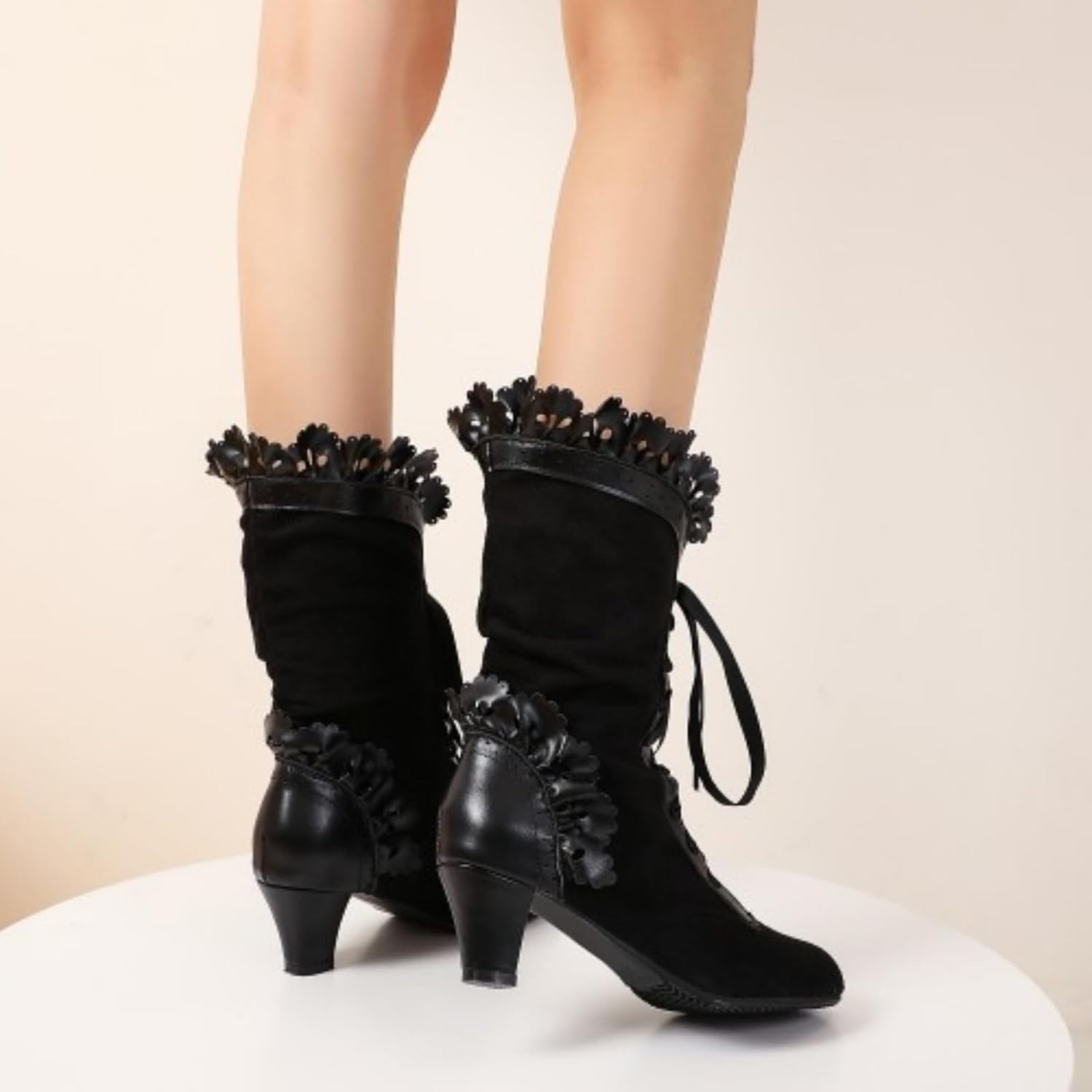Women's Vintage Lace-Up Kitten Boots Rockabilly Lolita Shoes Ruffles Costume 70s Retro Halloween Witch Gothic Boots
