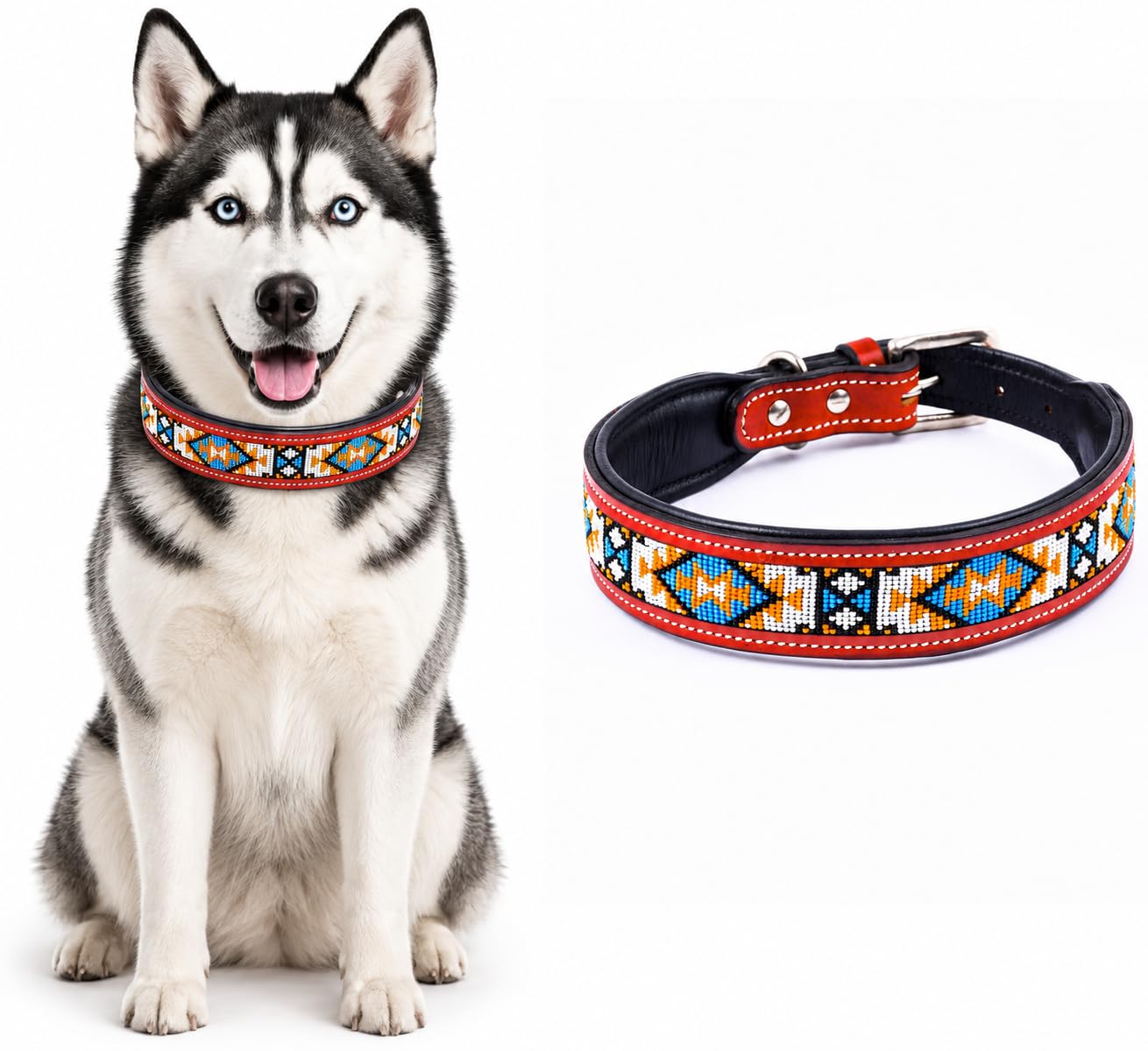Sparrow Daughter Beaded Leather Dog Handcrafted Ethnic Tribal Pattern Padded 2.5 inch Wide Brass Hardware Strong D-Ring Adjustable Walking Training Neckbelt Pets-Red (16X1.5 Inch)