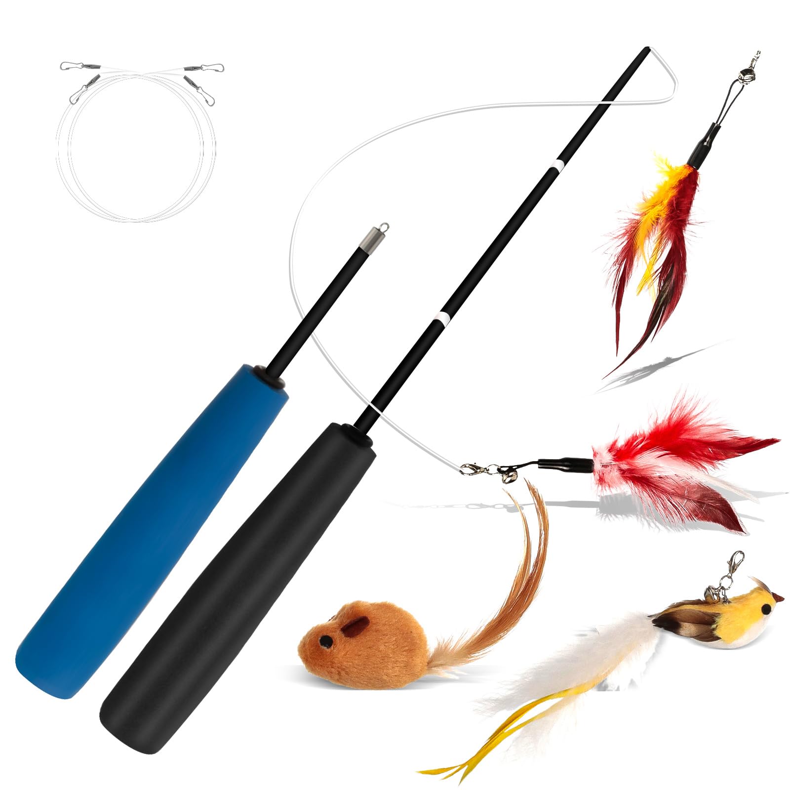 VINATO Canna da Pesca per Gatti con Asta Telescopica, Giocattolo Interattivo con 4 Testine (Uccellino con Campanello, Topo, Piume), Giochi per Gatti da Interno per Stimolare l'Istinto di Caccia