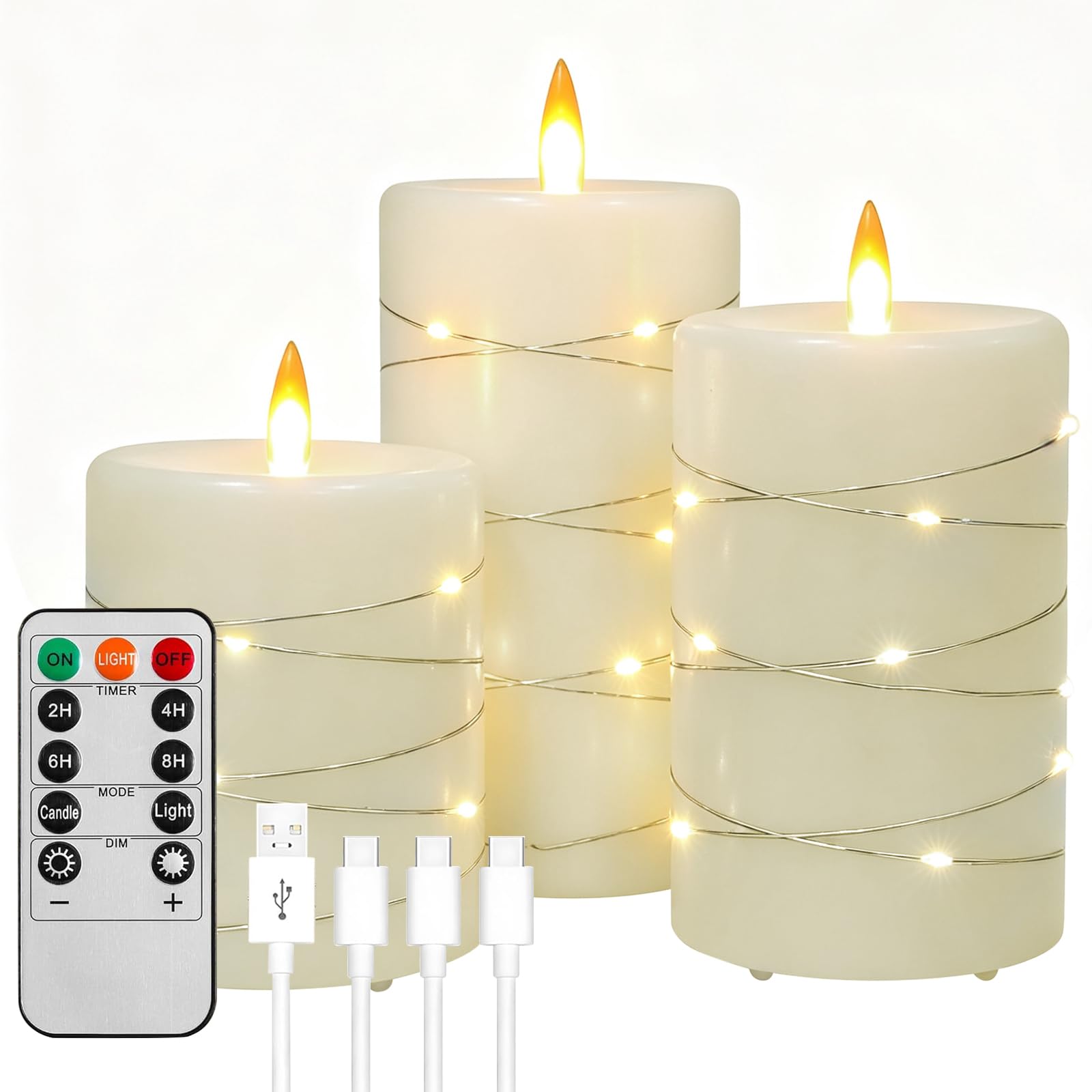 Bougies LED rechargeables en cire véritable avec télécommande | Lot de 3 - 8