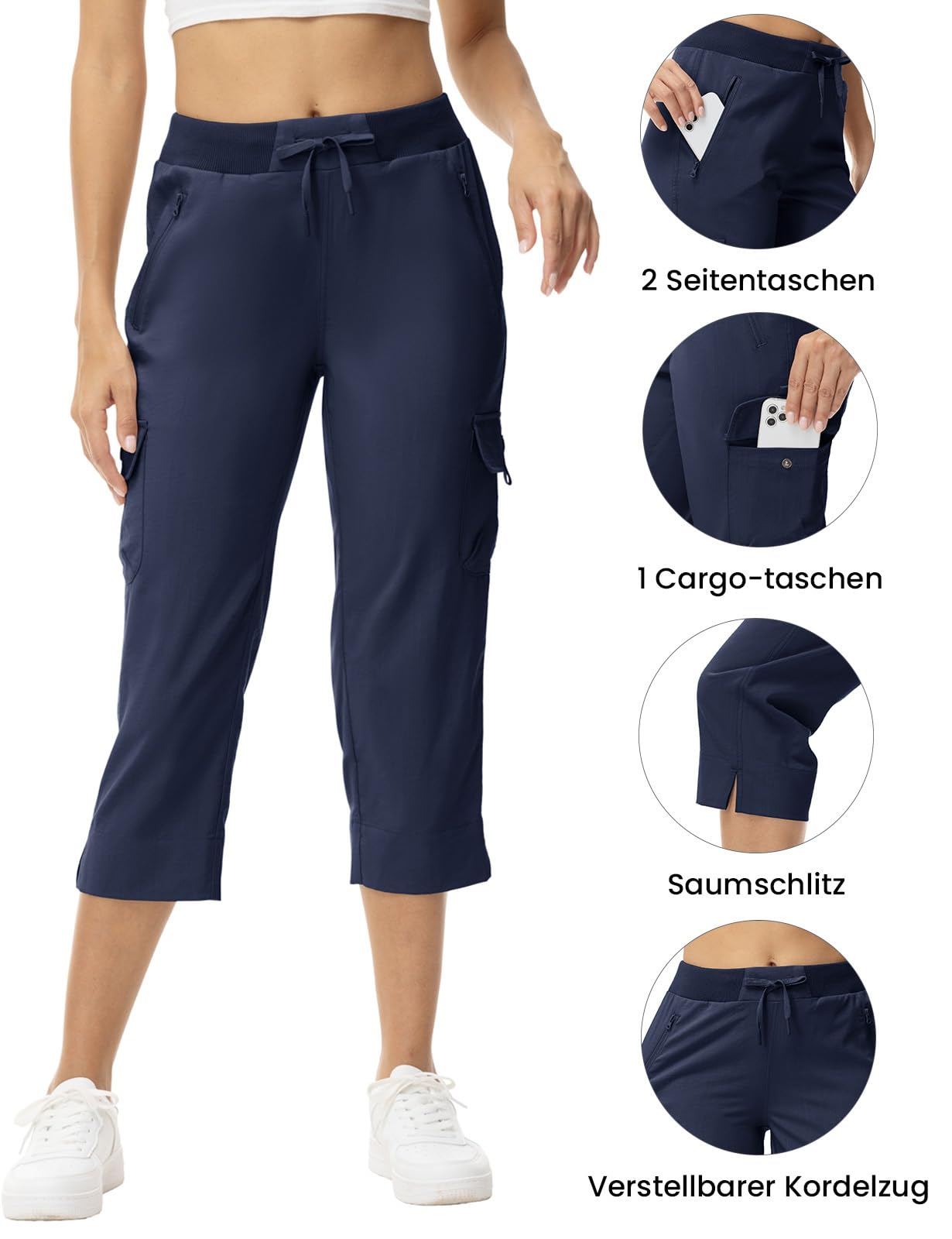 Rdruko Caprihose Damen Wanderhose 3/4 Hose Sommer Cargohose Leicht Sommerhose Schnelltrocken Jogginghose Freizeithose mit Taschen für Reisen Wandern Outdoor Sport