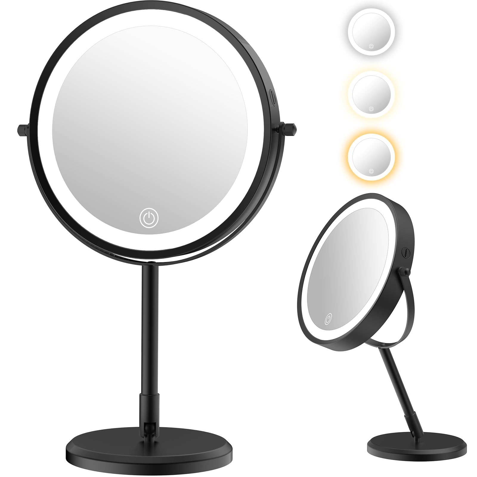Espejo de maquillaje plegable de viaje con luces y aumento, espejo de aumento iluminado de doble cara 1X/10X con batería recargable, brillo ajustable, iluminación de 3 colores, negro