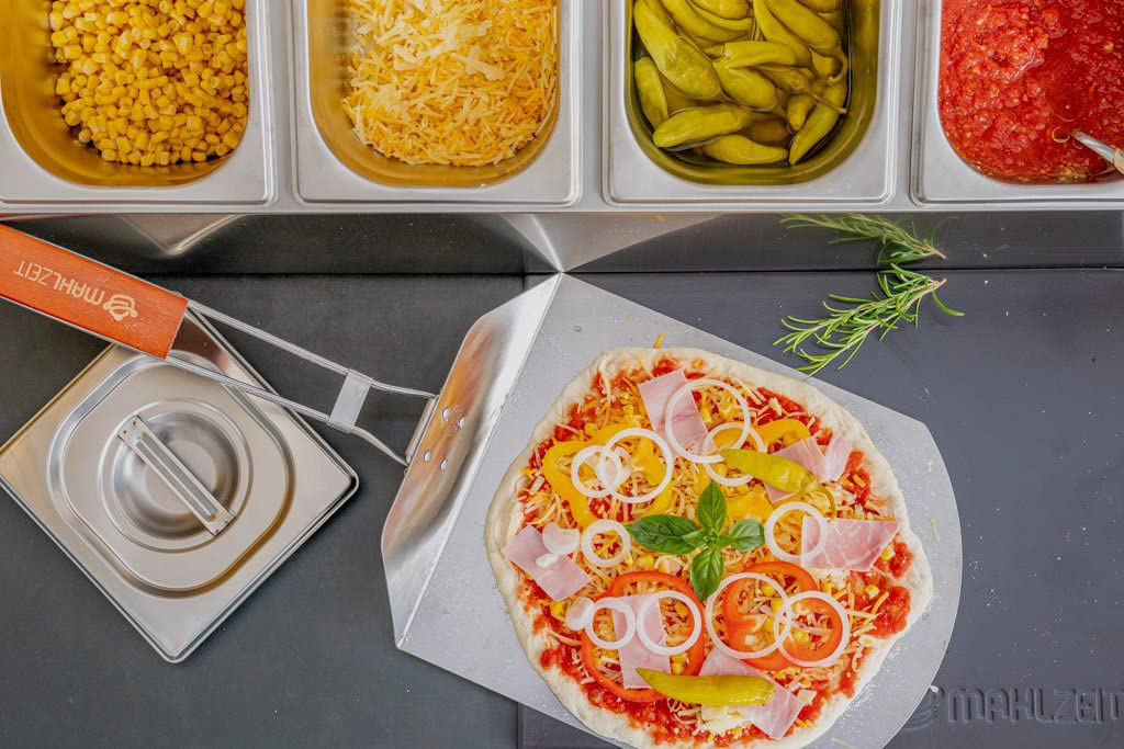Mahlzeit Contenedor de Ingredientes con Tapa de Acero Inoxidable | 68,5 x 24,5 x 21,5 cm | 4 recipientes GN 1/6 | Para Catering, Gastromía, Cocina, Estación de Pizza, Buffet, Barra de Ensaladas