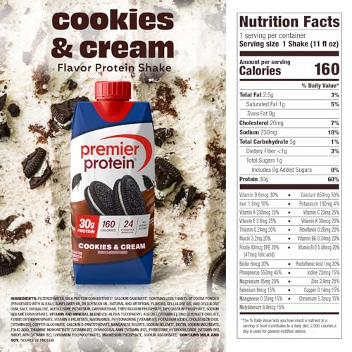 Image of Premier Protein Shake, Cookies & Cream, 30g Protein, No Added Sugar, 24 Vitamins & Minerals to Support Immune Health, 11 fl oz, 4 Pack