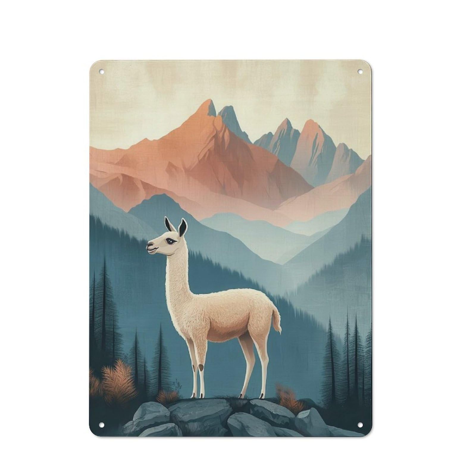 Junmoney Llama In Mountain Landscape Painting Vintage Tin Sign 40X30cm For Guest Room Or Hallway, Suited To Home Decor Collectors