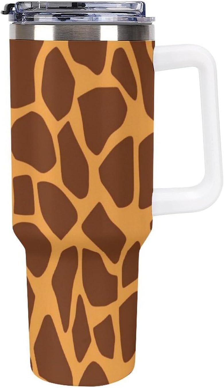 Giraffe Print Travel Coffee Mug Reusable Durable Stainless Steel Insulated Tumbler with Handle And Straw Leak Resistant Portable Thermal Cup Gifts for Men Women 40 Oz