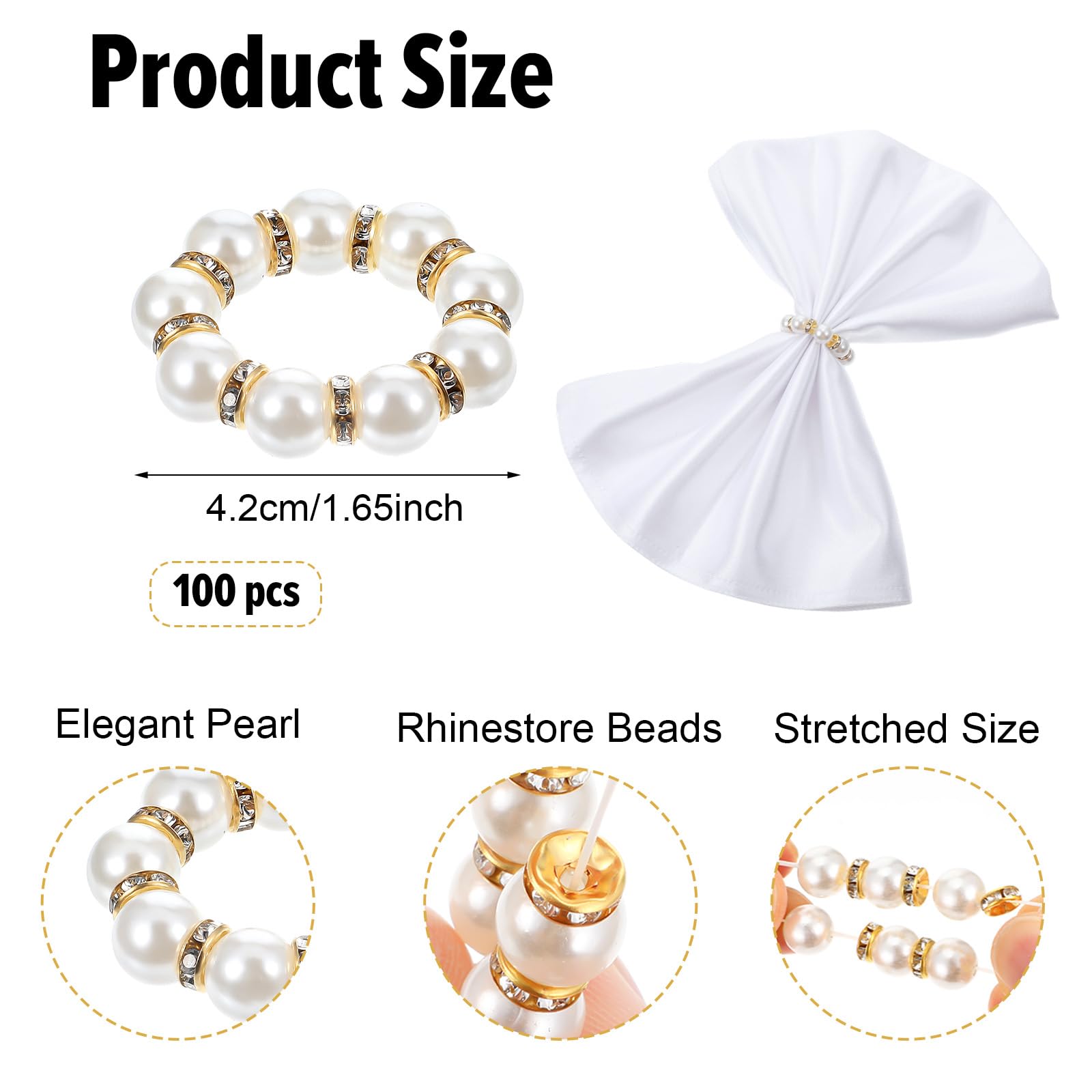 Lot de 100 ronds de serviette en perles d'imitation - Boucles de serviette délicates dorées pour mariage, Noël, dîner, banquet, décoration de table de fête