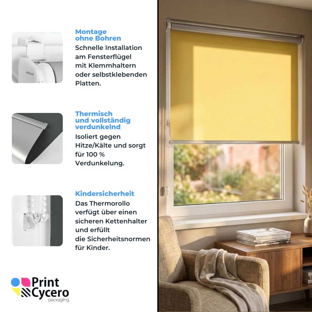 Verdunkelungsrollo Thermo Klemmfix ohne Bohren - 110 x 150 cm gelb - Fensterrollo, Seitenzugrollo, Sonnenschutz, Sichtschutz, Blendschutz - Thermorollo