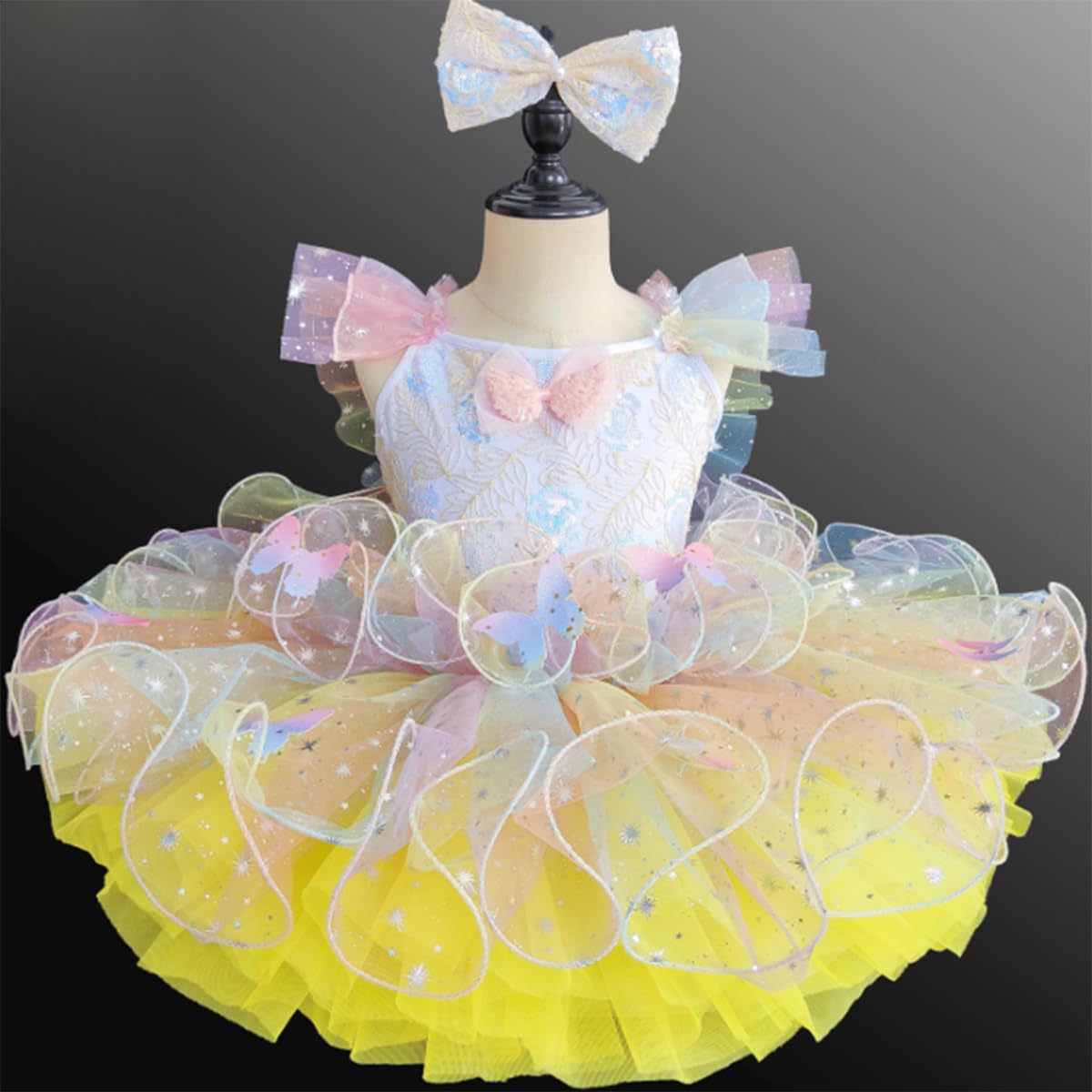 Ballerina-Kostüm für Mädchen, Tüll-Tutu, Ballett-Wettbewerbskleid | Tutu Kinderkostüm Kleiner Schwan mit Rüschenärmeln Spitze Stickerei und Pailletten