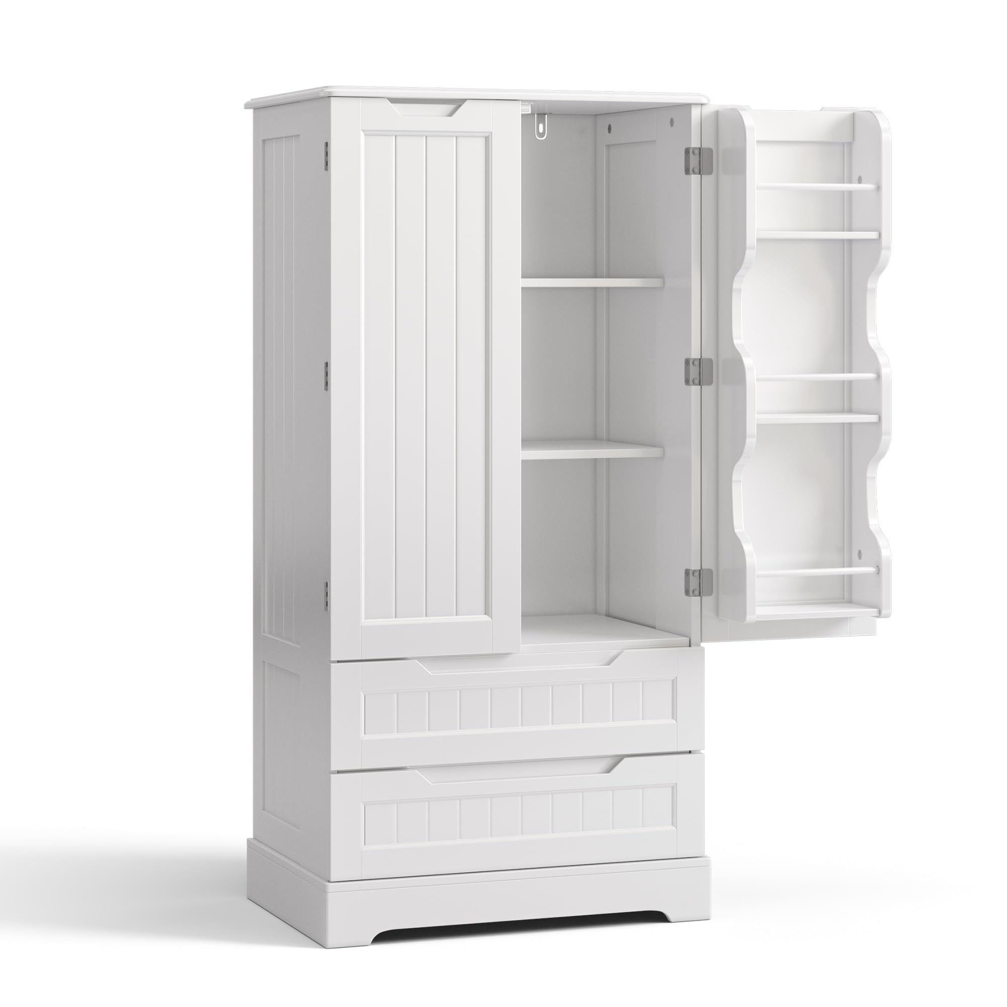 Küchenschrank Weiß mit Holzplatte, Buffetschrank mit 2 Schubladen und Türen, Vorratsschrank Landhausstil, Sideboard Aufbewahrungsschrank für Küche, Esszimmer und Wohnzimmer