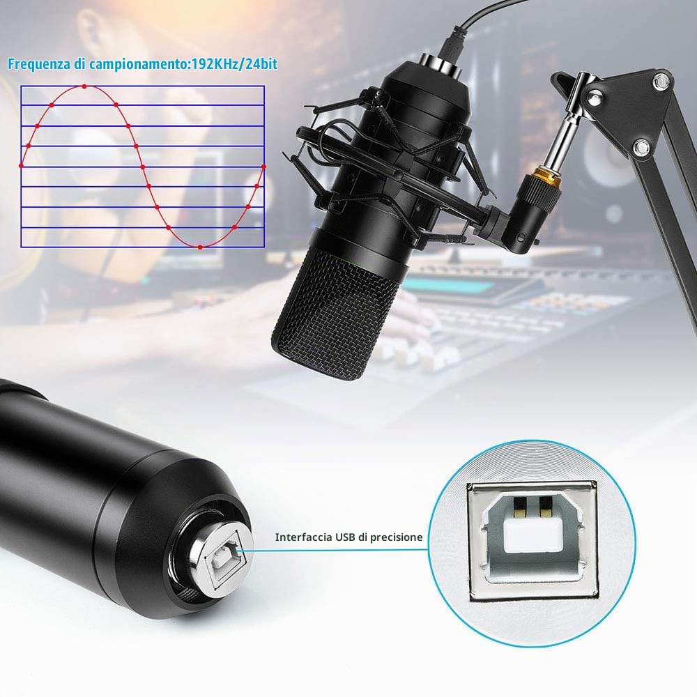 Diealles Shine Microfono a Condensatore, 192KHz/24Bit USB Microfono con Filtro Antipop, Supporto Regolabile per Podcast, Youtube, Compatibile con PS4
