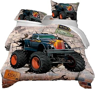 3D Cartoon Monster Trucks Queen Comforter Set, Broken Wall Monster Trucks All Seasons Comforter Set for Kids Teens Men Bedroom Quilt Set (Queen)