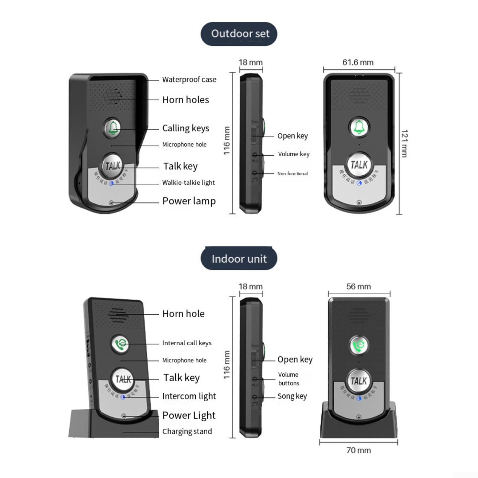 Interphone sans fil, étanche, portable, intérieur/extérieur, interphone bidirectionnel pour la maison, interphone longue portée de 1 000 m (noir)