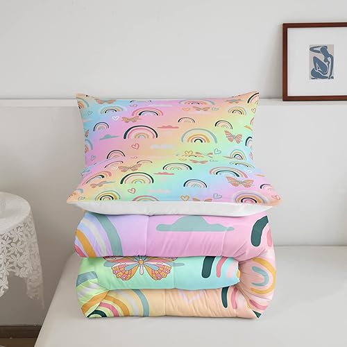 Miniatura 4 de Juego de ropa de cama de arcoíris para niños y niñas, edredón de mariposas de dibujos animados, decoración de dormitorio, edredón acolchado de