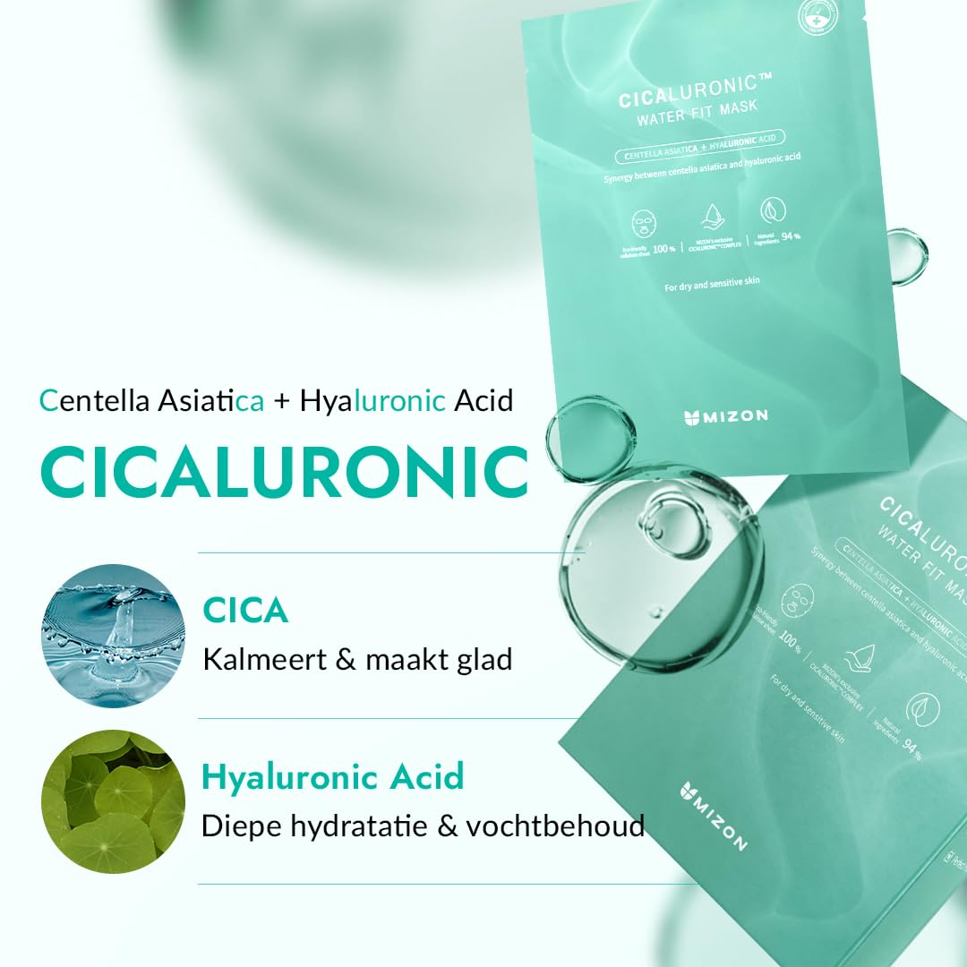 [MIZON] Cicaluronic Water Fit mask (10 masek) koreańska pielęgnacja skóry – wegańska formuła, Cica + kwas hialuronowy, kojąca, nawilżająca, wrażliwa skóra, sucha skóra