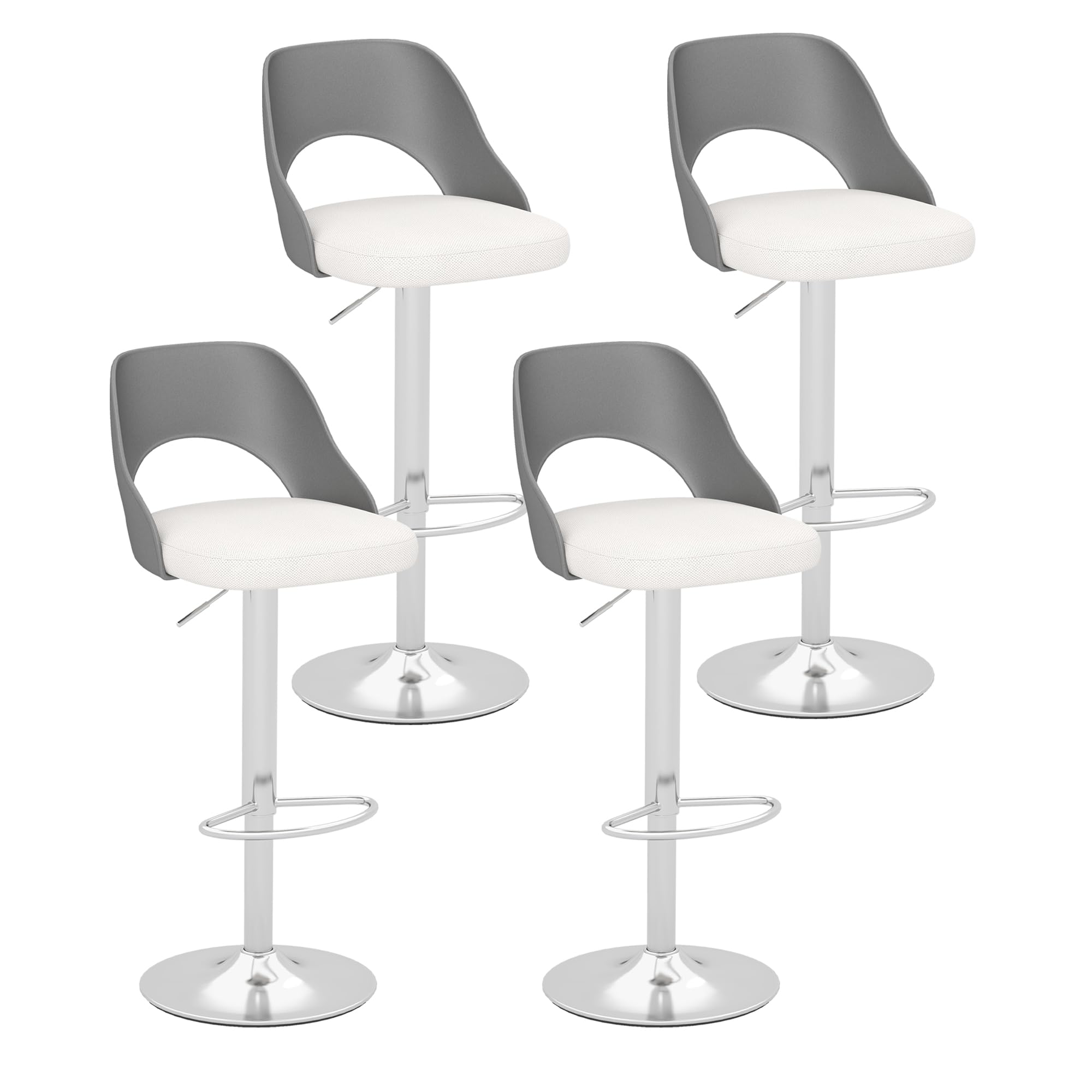 HENGJIANYI Modern Barstools Set of 4, Height Adjustable Swivel Counter Bar Stool with Hollowed-Out Gray Back, Upholstered Bar Chair with Silvery Metal