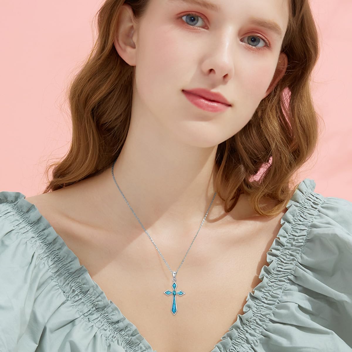 Dainty Sterling Silver Turquoise Cross Necklace for Women, 925 Silver Minimalist Natural Turquoise Cross Pendant with 18 Inch Adjustable Chain, Elegant Boho Religious Jewelry Gift for Her - Image 4