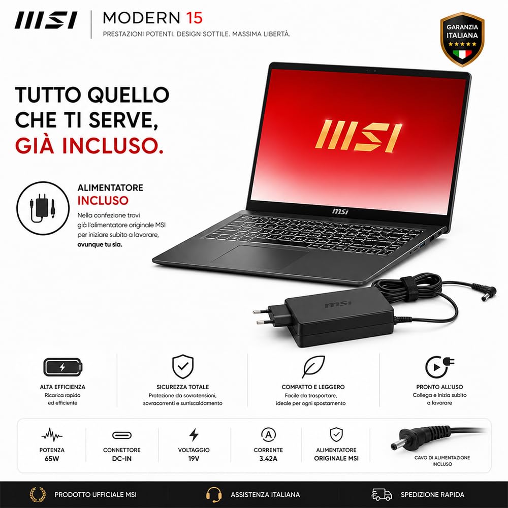 msi Notebook Modern 15 Intel Core 7 150u | 10 Core fino a 5400MHz, RAM 32GB, SSD 512GB, Display 15.6" IPS FHD, Tastiera retroilluminata, Ready to Use