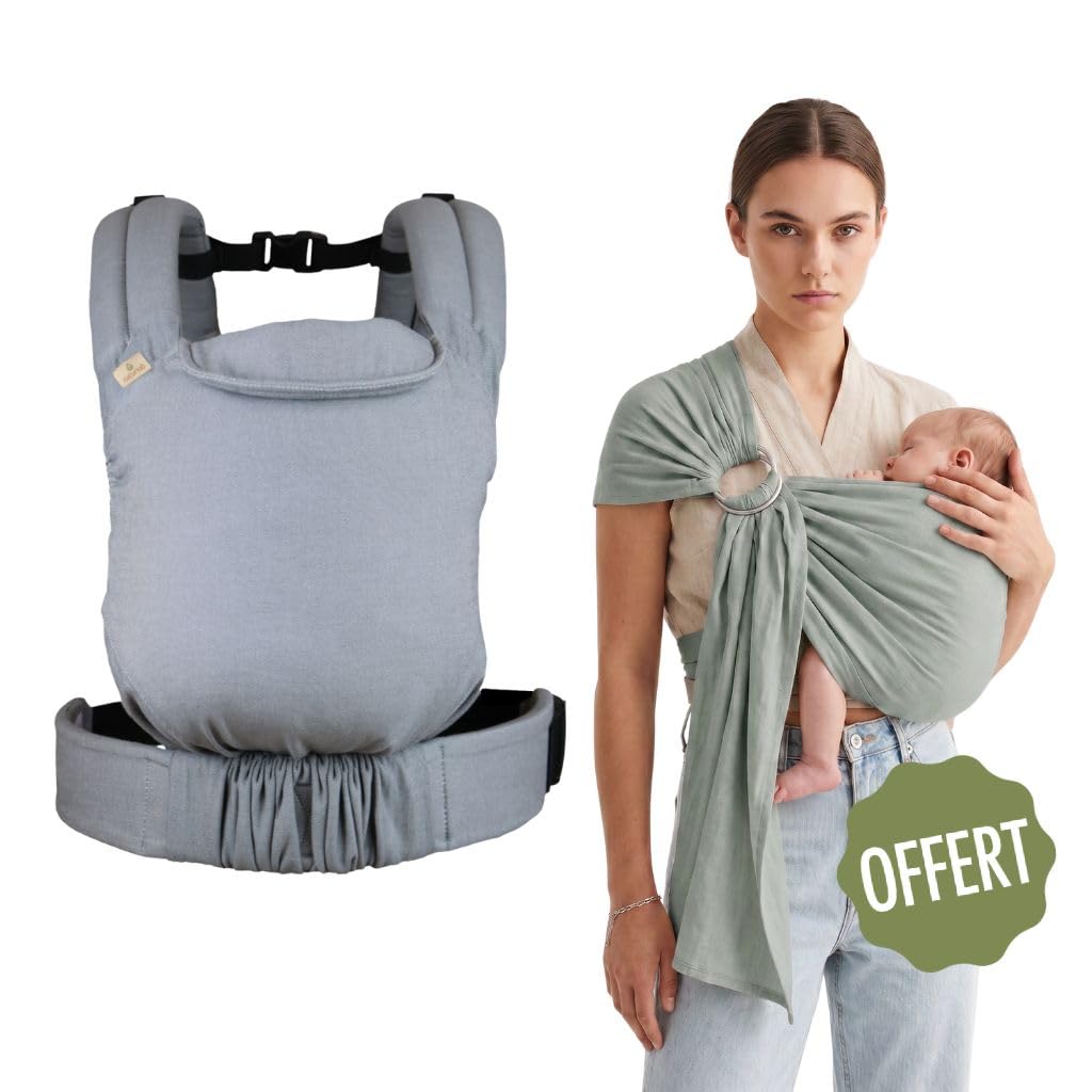 Pack Portage Évolutif : Porte-Bébé Guizy Gris Galet avec Ceinture Tekizy & Écharpe Simply Sling Vert Amande - Kit Nomade Complet en Coton