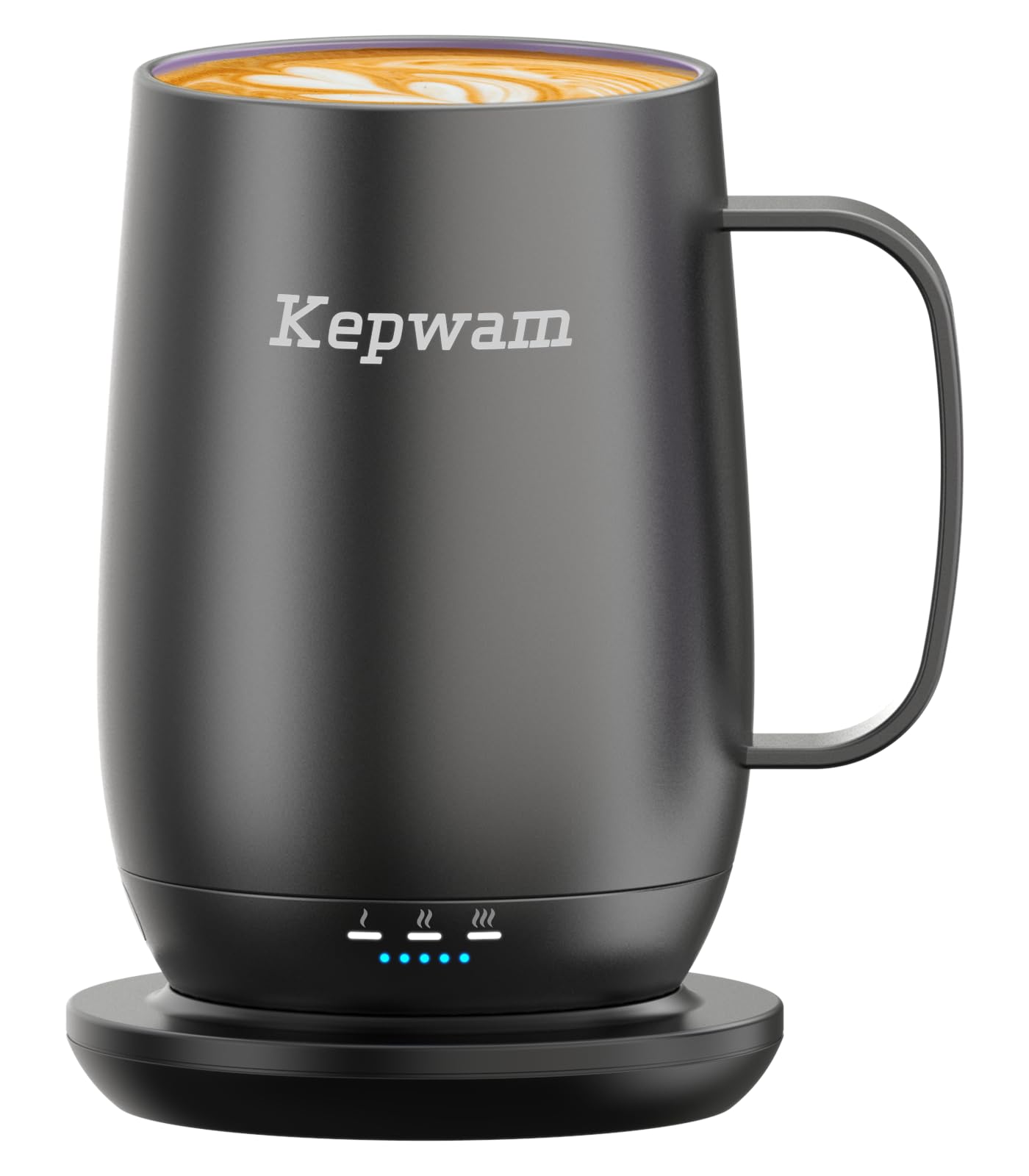 Kepwam T2-Plus 20oz black self-heating coffee mug with charging coaster