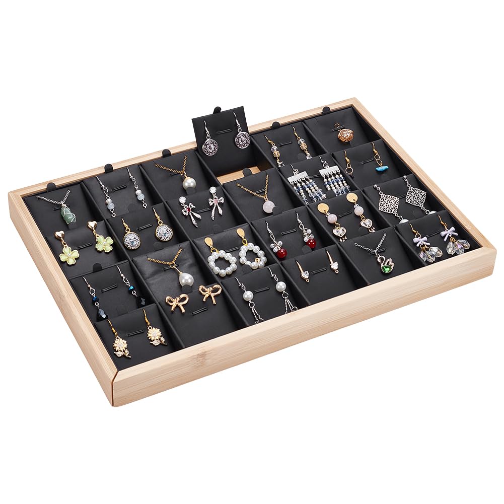 PH PandaHall 24 Gitter Stapelbare Schmucktabletts Schmuck Display Tablett Halsketten Display Halter Ohrring Aufbewahrungs Organizer Mit Herausnehmbaren Leder Trennwänden Für Ringe Armbänder Schwarz
