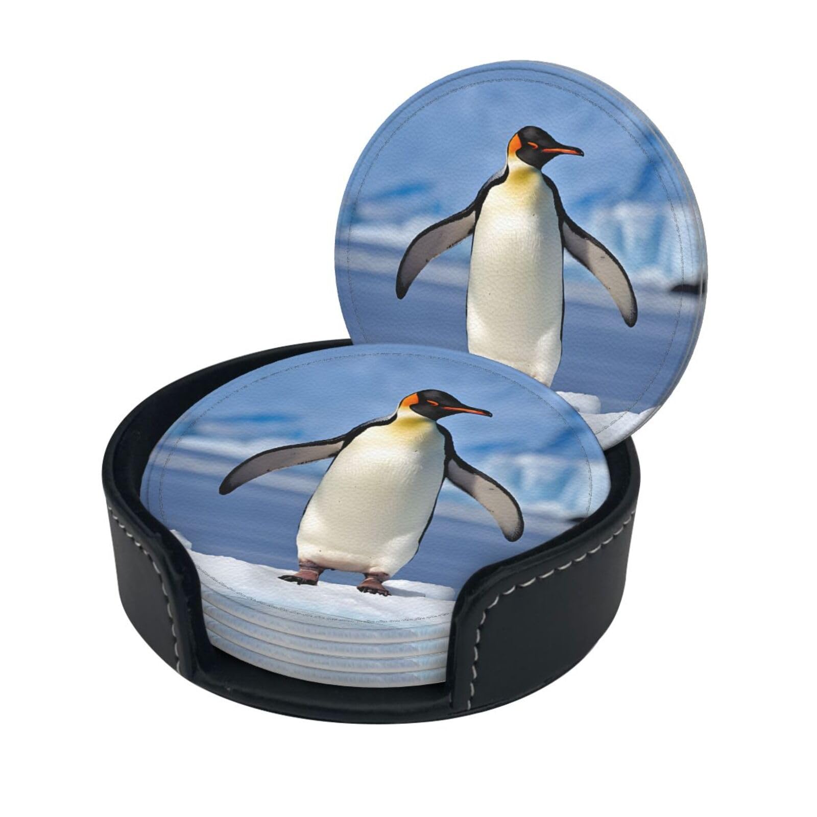 Cute Penguin Print Coaster,Round Leather Coasters with Storage Box for Wine Mugs,Cold Drinks and Cups Tabletop Protection (6 Piece)