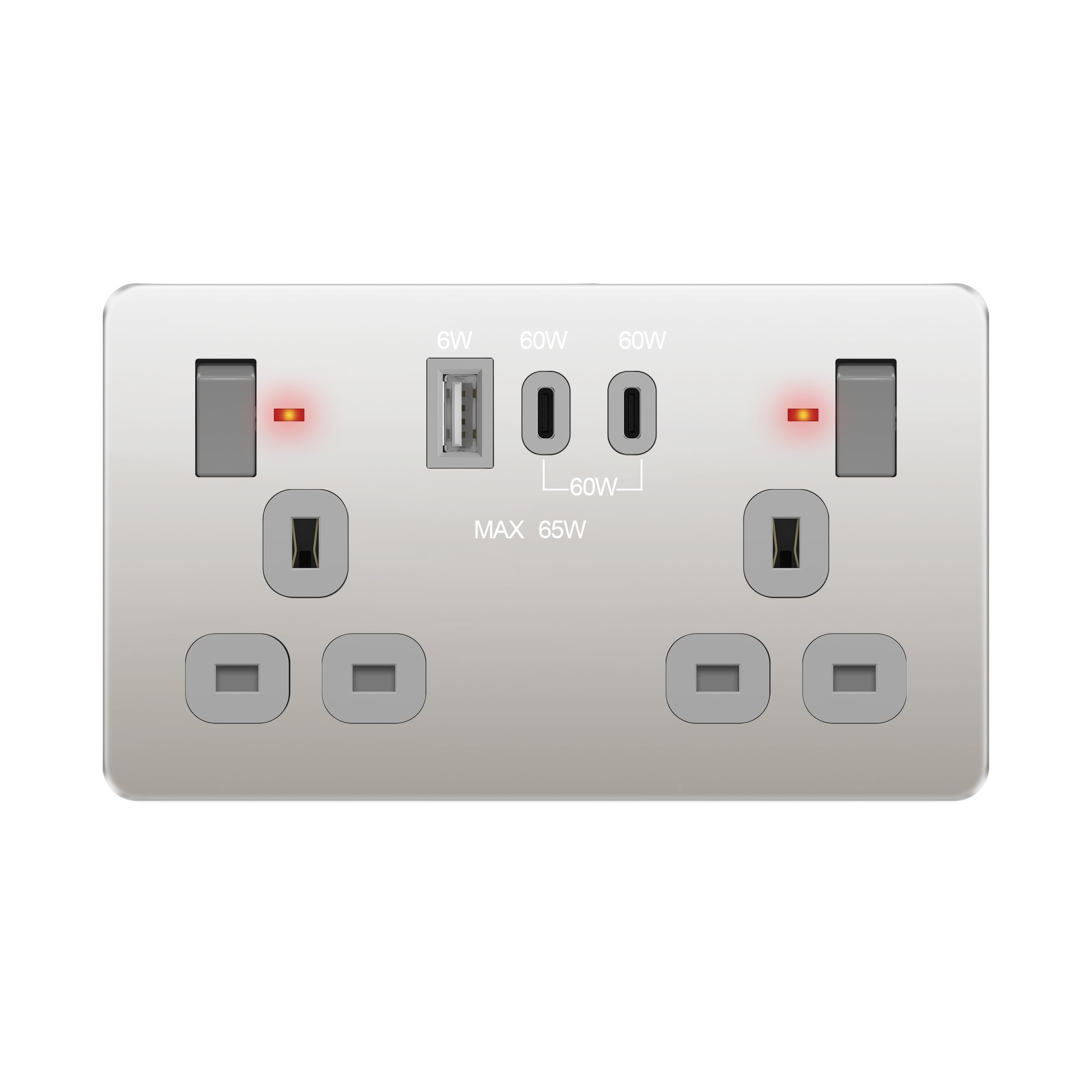 LIDER 2-Gang Socket, USB TYPE, LED Power Indicator, Power Delivery Fast Charging, Output 65W, PD 60W Max USB-C, Stainless Steel, Polished Chrome(Use a 35mm-deep back box) โ image 1