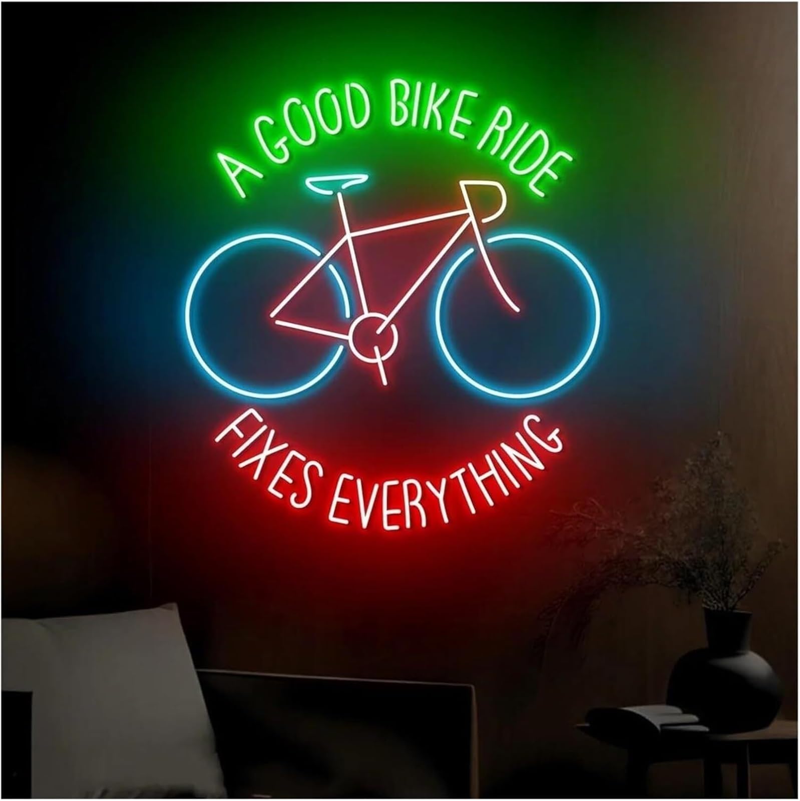 Insegna al neon "A Good Bike Ride Fixes Everything", decorazione da parete per negozio di biciclette aperto, 63,5 cm