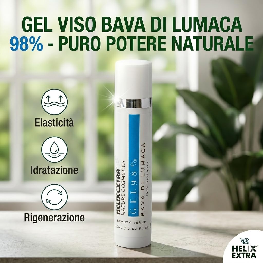 Helix Extra Gel - Siero Viso Bava di Lumaca 98% – Antirughe Antimacchie con Collagene Vitamina C e E – Idratante per Viso Collo Decolletè – Made in Italy 60ml