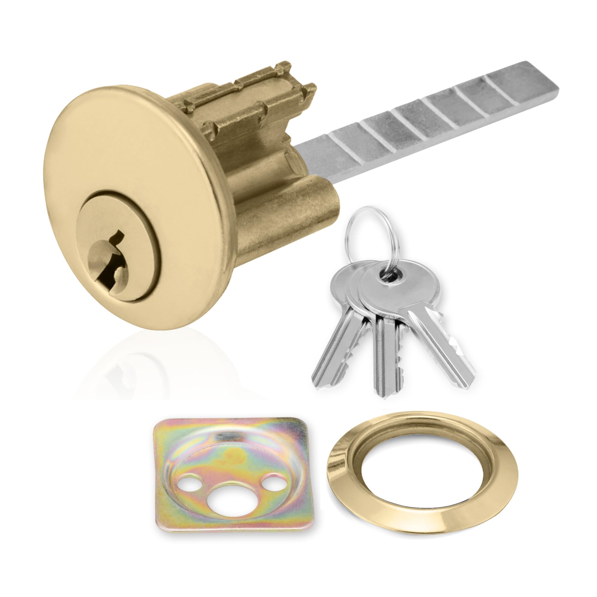 Polished Brass Rim Cylinder, Security 5 Pin Rim Cylinder Door Lock Complete with Components of Three Keys, Trim Ring and Shim.