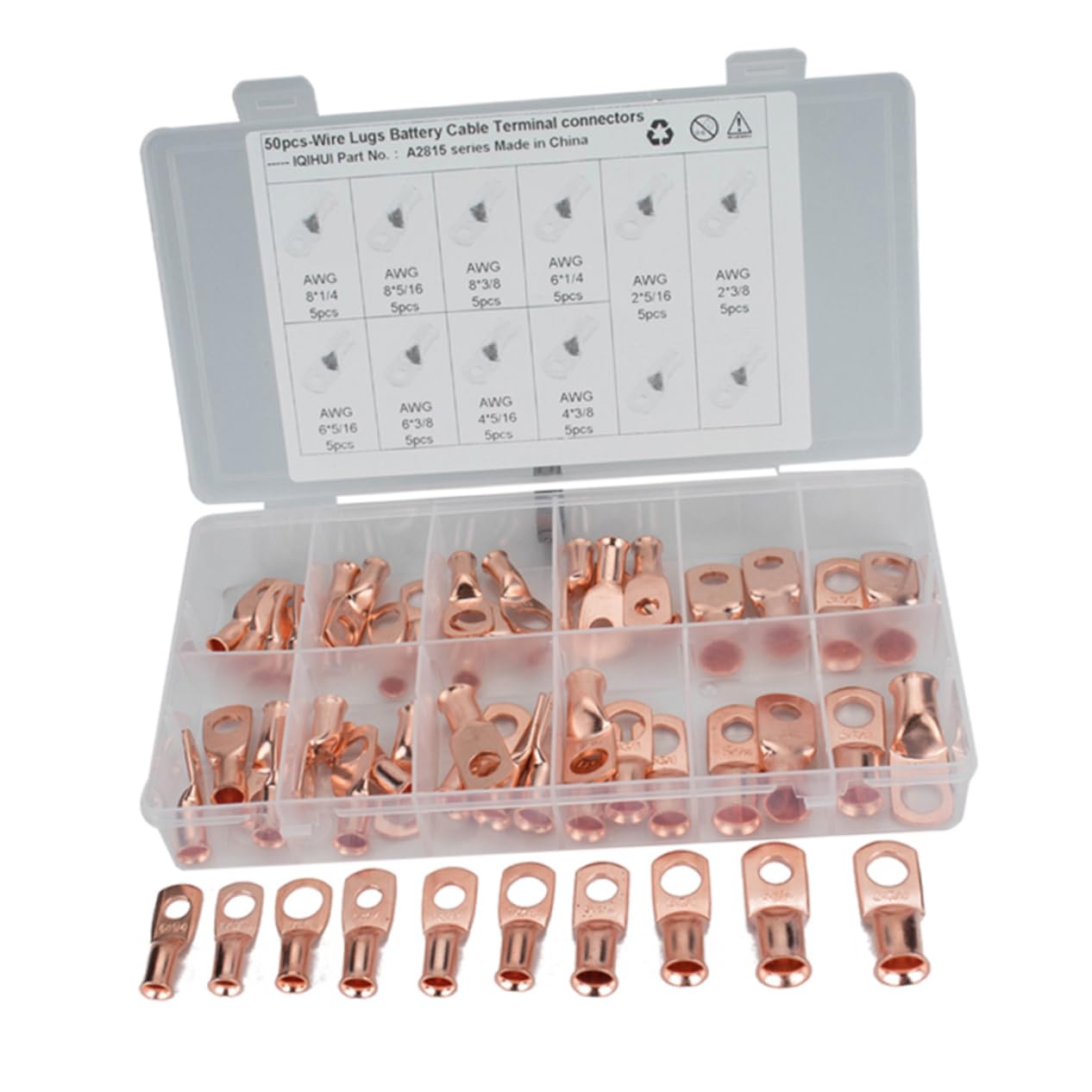 Abaodam 50Pcs Heavy Duty Wire Lugs Connector with Models Closed Ends Bare Copper Tubular Ring Terminal Connectors for Battery Cable Crimping and Wiring