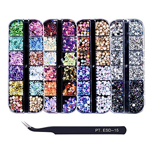 Elayce 4 Boxes 3400 pieces Nail Art Rhinestones Kit Nail Rhinestones with Pick up Tweezers, Multicolor Nail Studs Horse Eye Pearl Rhinestones for Nail Art Decorations Supplies