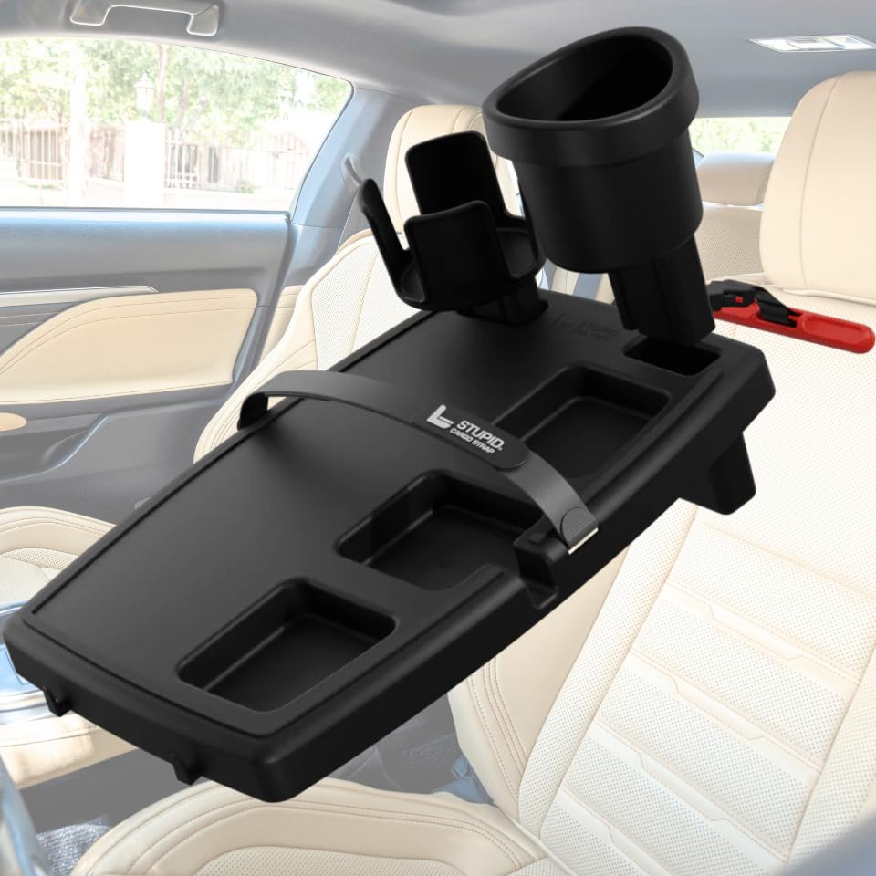 STUPID Car Tray: Drink Holder Bundle Versatile Automotive Desk for Food Drinks Laptop & Work Includes Straps Seat Anchor and Cup Holders Essential Car Interior Accessories - Black