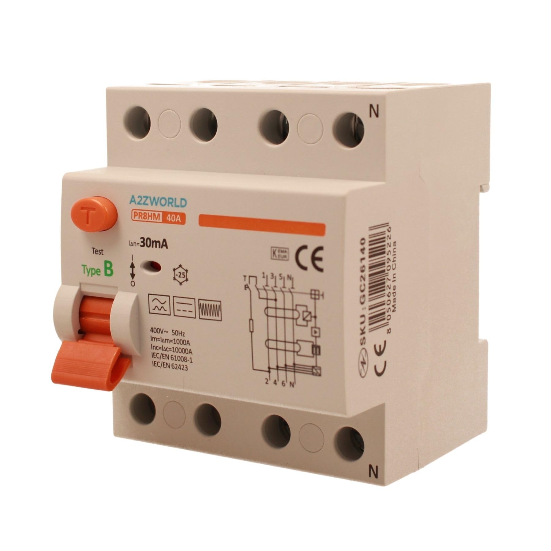 A2ZWORLD Interruttore Differenziale Tipo B Trifase, RCCB Classe B 30mA 4P 40A, 3P+N 4 Poli 10kA AC 400V, Occupa 4 Moduli Barra DIN