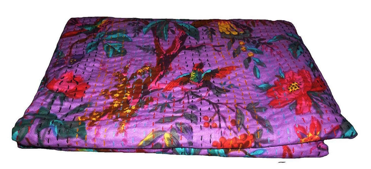 Fortune Creation Double Bed Katha Work Hand Stitched Double Thick bedsheets Bed Cover (Size: 90×108)-image-22
