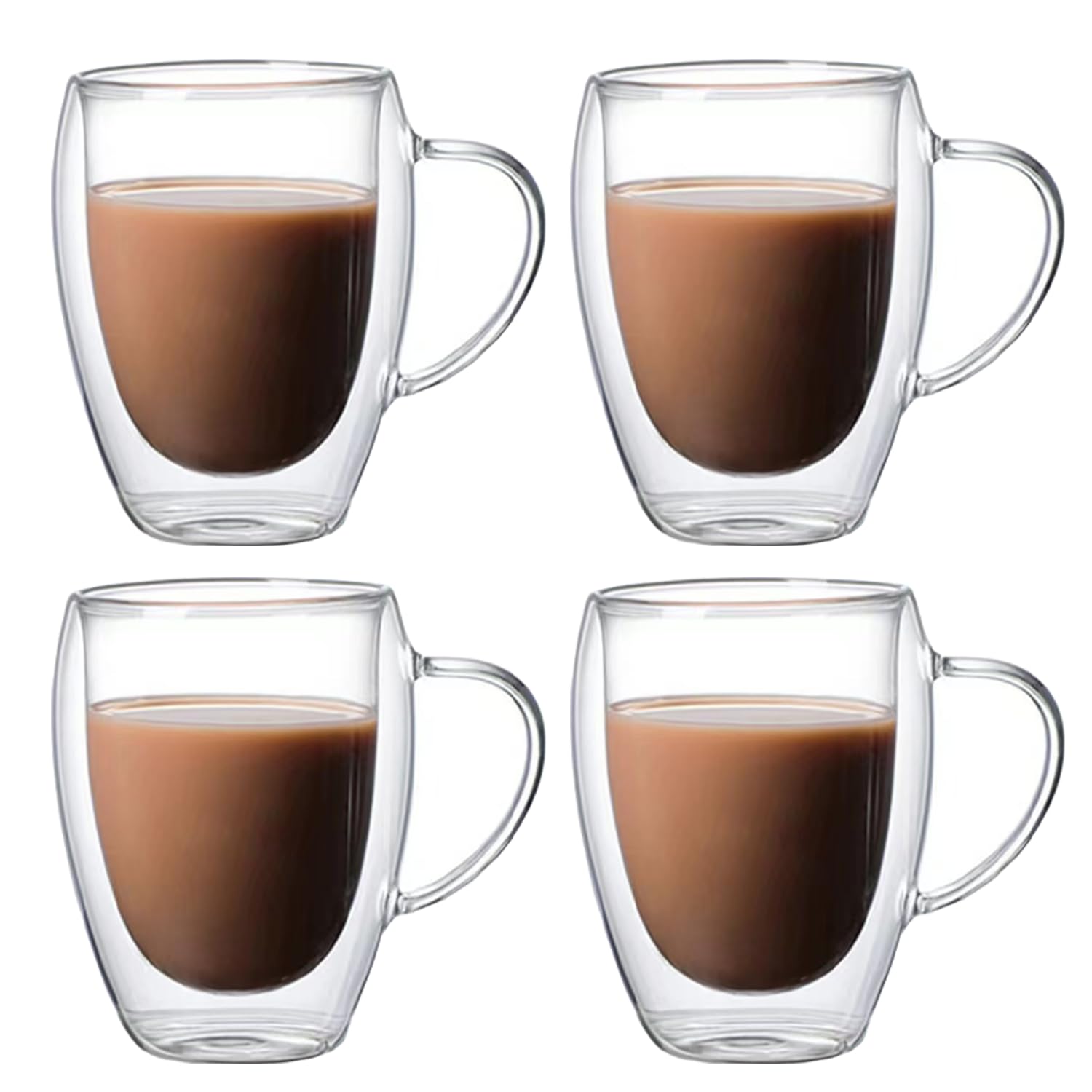 Pykrudo 4 Pack Double Walled Glass Coffee Cups, 350ml Insulated Latte Glasses Mugs, Mug Tea Cups with Handles, Heat Resistant, Cappuccino Espresso Cup
